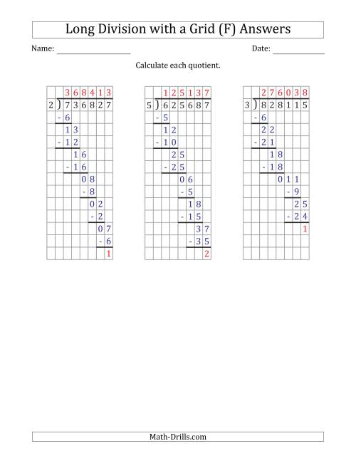 The 6-Digit by 1-Digit Long Division with Remainders with Grid Assistance (F) Math Worksheet Page 2