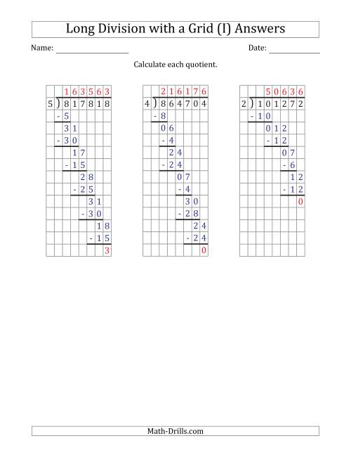 The 6-Digit by 1-Digit Long Division with Remainders with Grid Assistance (I) Math Worksheet Page 2
