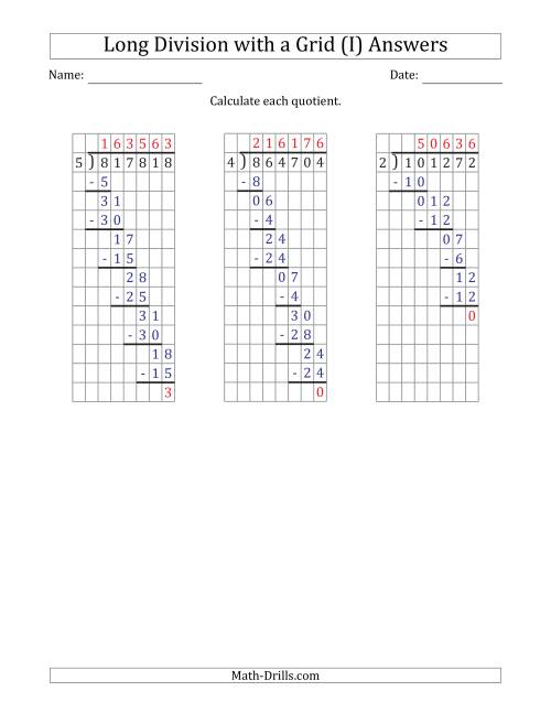 6 digit by 1 digit long division with remainders with grid assistance i