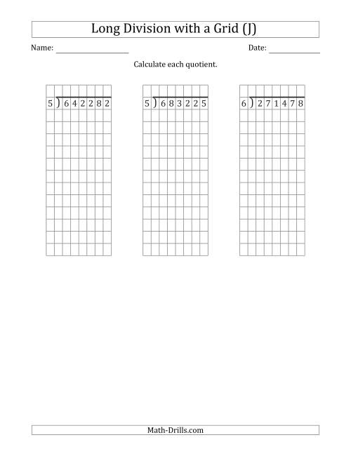The 6-Digit by 1-Digit Long Division with Remainders with Grid Assistance (J) Math Worksheet