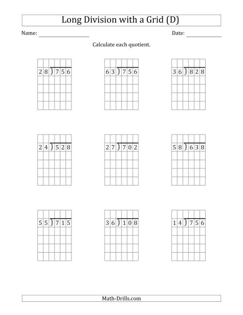The 3-Digit by 2-Digit Long Division with Grid Assistance and NO Remainders (D) Math Worksheet