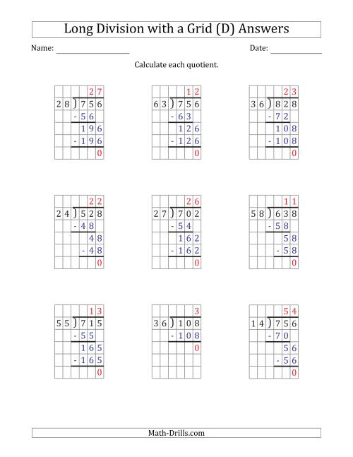The 3-Digit by 2-Digit Long Division with Grid Assistance and NO Remainders (D) Math Worksheet Page 2