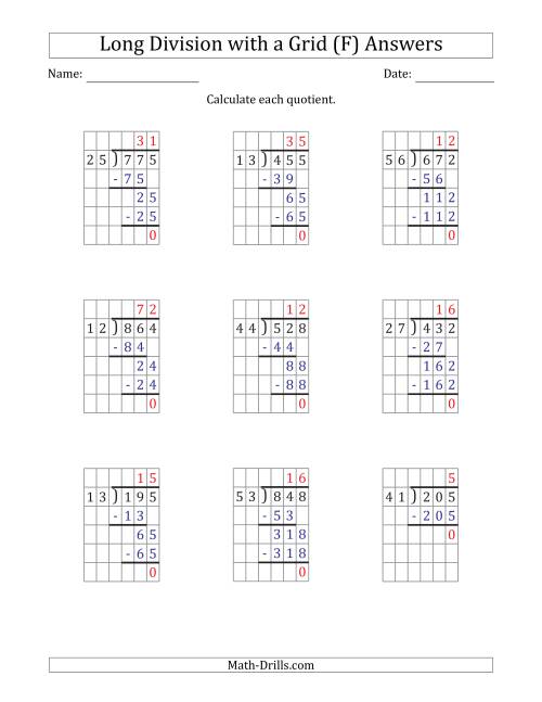 3-Digit by 2-Digit Long Division with Grid Assistance and NO Remainders (F)