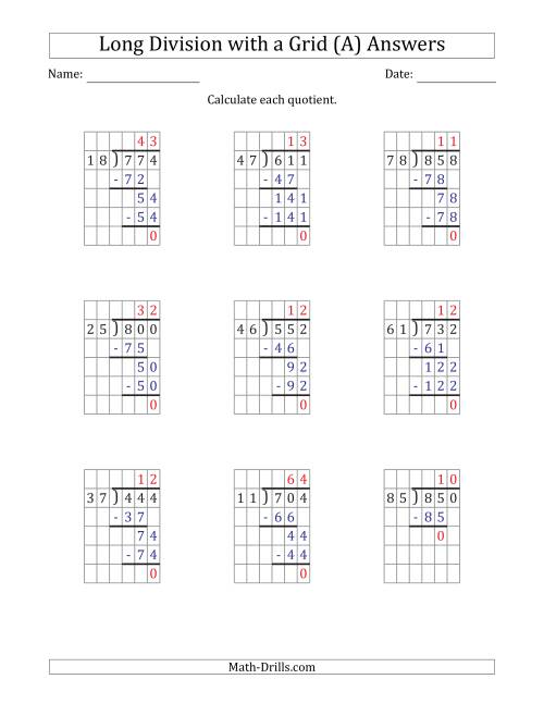3 digit by 2 digit long division with grid assistance and prompts and no remainders a