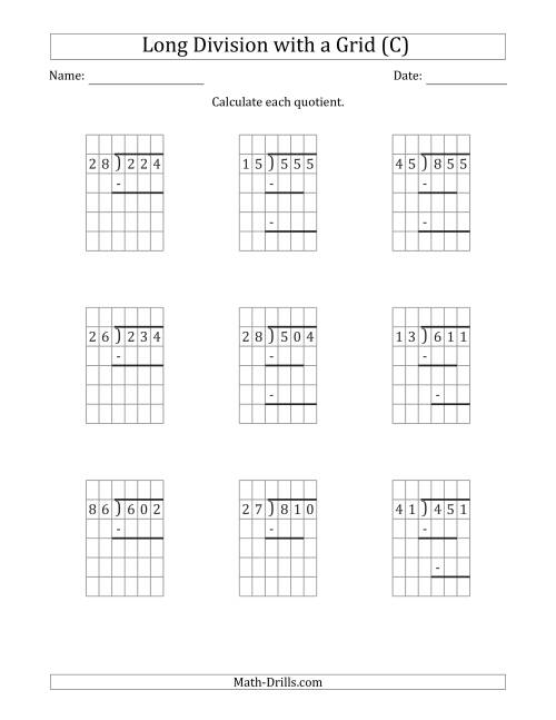 The 3-Digit by 2-Digit Long Division with Grid Assistance and Prompts and NO Remainders (C) Math Worksheet