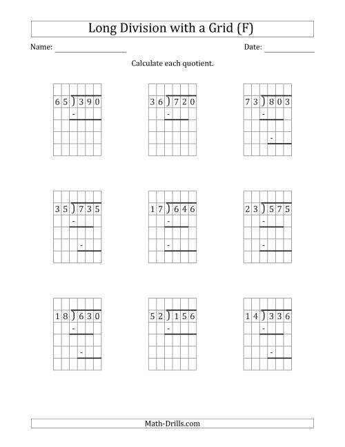 The 3-Digit by 2-Digit Long Division with Grid Assistance and Prompts and NO Remainders (F) Math Worksheet