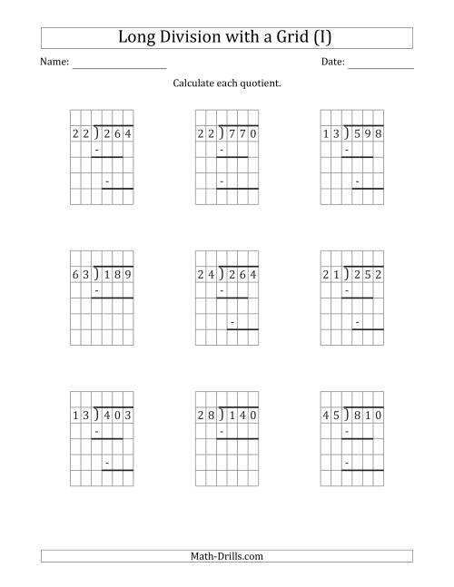 The 3-Digit by 2-Digit Long Division with Grid Assistance and Prompts and NO Remainders (I) Math Worksheet