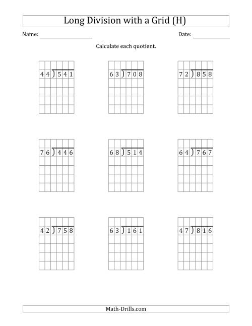 The 3-Digit by 2-Digit Long Division with Remainders with Grid Assistance (H) Math Worksheet