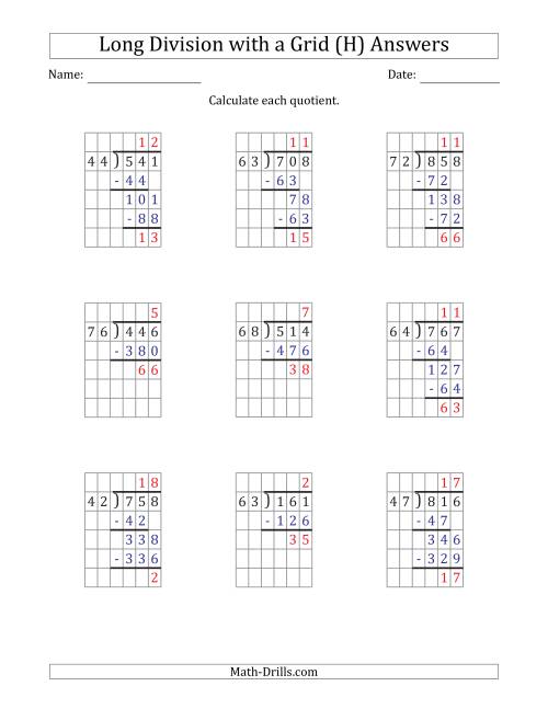 The 3-Digit by 2-Digit Long Division with Remainders with Grid Assistance (H) Math Worksheet Page 2