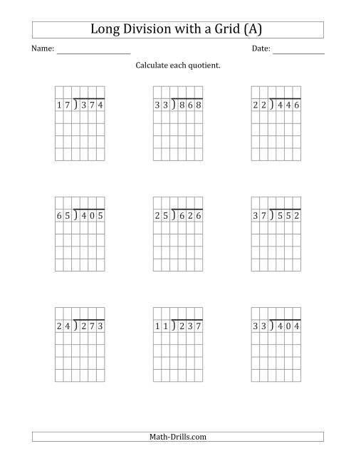 The 3-Digit by 2-Digit Long Division with Remainders with Grid Assistance (All) Math Worksheet