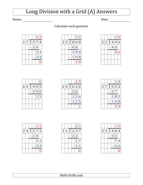 The 3-Digit by 2-Digit Long Division with Remainders with Grid Assistance (All) Math Worksheet Page 2