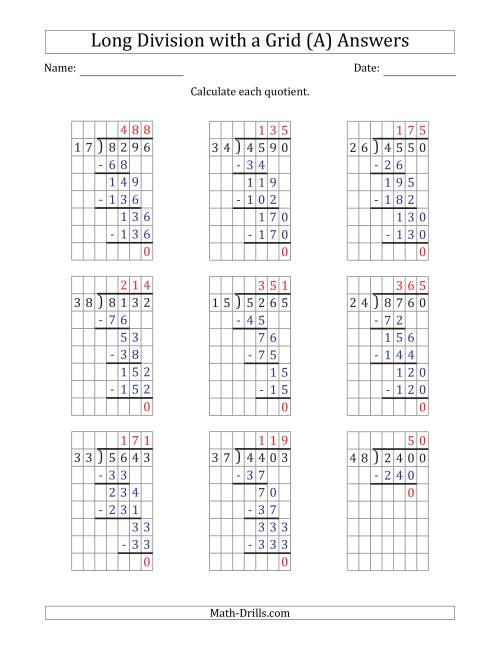 4 digit by 2 digit long division with grid assistance and no remainders a