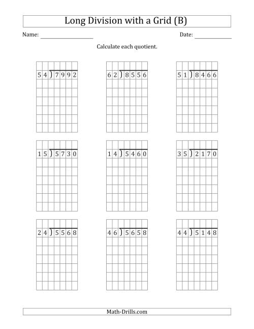 The 4-Digit by 2-Digit Long Division with Grid Assistance and NO Remainders (B) Math Worksheet