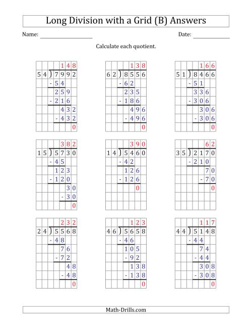 The 4-Digit by 2-Digit Long Division with Grid Assistance and NO Remainders (B) Math Worksheet Page 2