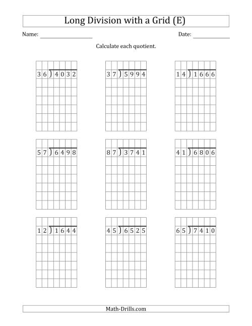 The 4-Digit by 2-Digit Long Division with Grid Assistance and NO Remainders (E) Math Worksheet