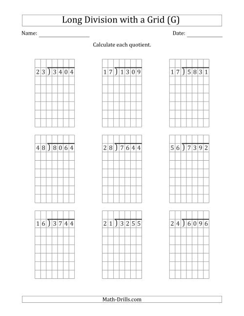 The 4-Digit by 2-Digit Long Division with Grid Assistance and NO Remainders (G) Math Worksheet