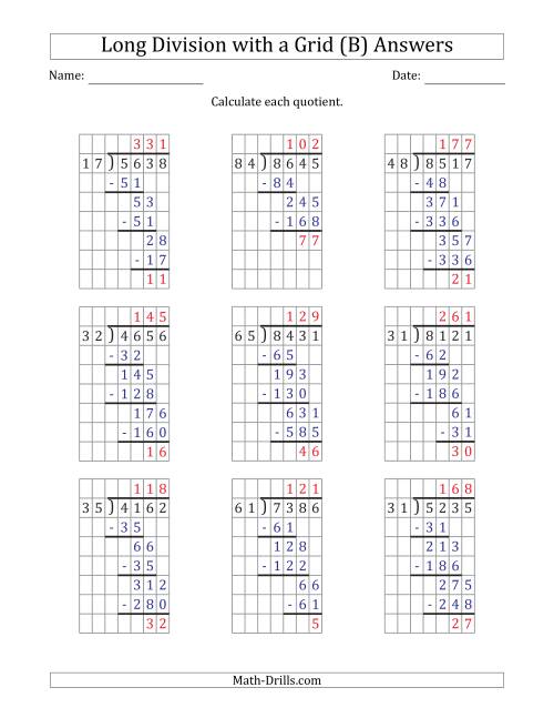 4 digit by 2 digit long division with remainders with grid