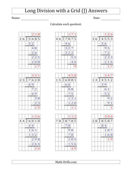 4 digit by 2 digit long division with remainders with grid