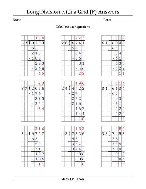 4-Digit by 2-Digit Long Division with Remainders with Grid Assistance (F)