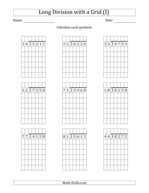 The 4-Digit by 2-Digit Long Division with Remainders with Grid Assistance (I) Math Worksheet