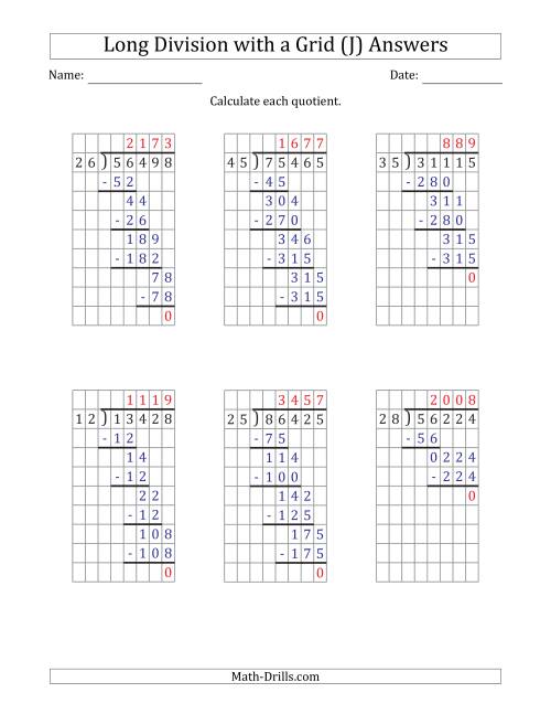 5 digit by 2 digit long division with grid assistance and no remainders j