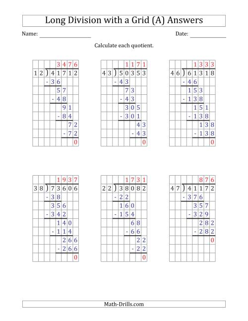 The 5-Digit by 2-Digit Long Division with Grid Assistance and NO Remainders (All) Math Worksheet Page 2