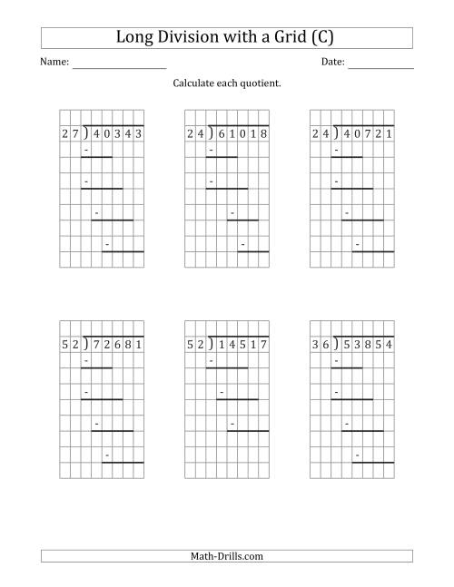 The 5-Digit by 2-Digit Long Division with Remainders with Grid Assistance and Prompts (C) Math Worksheet