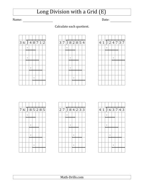 The 5-Digit by 2-Digit Long Division with Remainders with Grid Assistance and Prompts (E) Math Worksheet