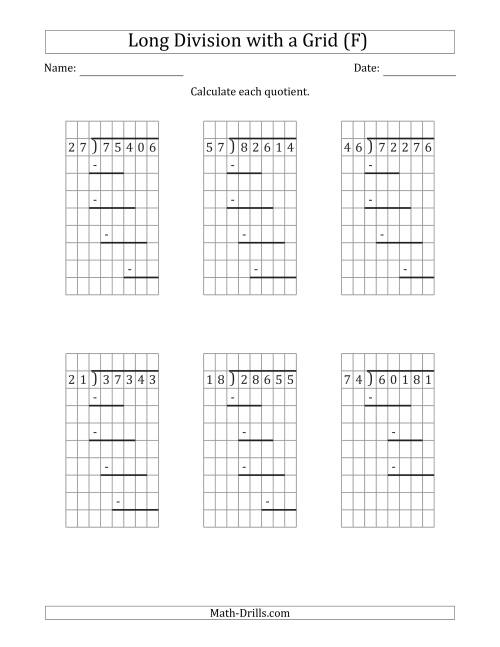 The 5-Digit by 2-Digit Long Division with Remainders with Grid Assistance and Prompts (F) Math Worksheet