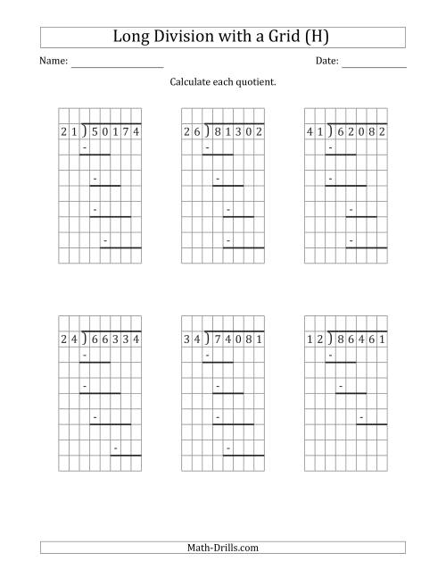 The 5-Digit by 2-Digit Long Division with Remainders with Grid Assistance and Prompts (H) Math Worksheet