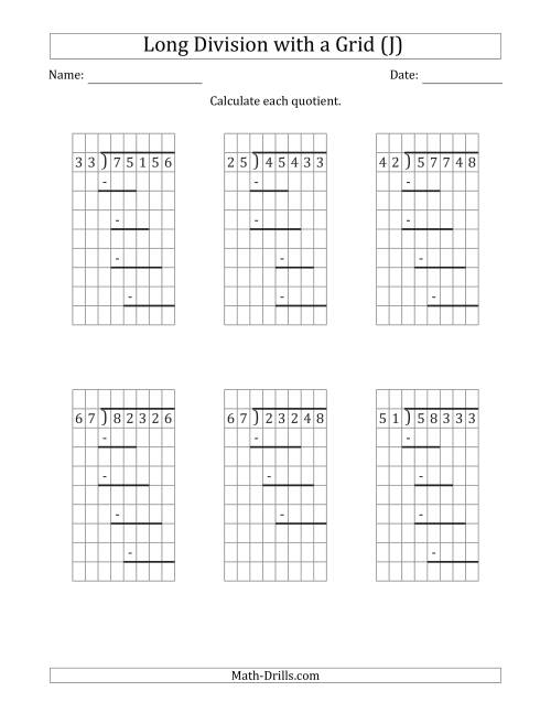 The 5-Digit by 2-Digit Long Division with Remainders with Grid Assistance and Prompts (J) Math Worksheet