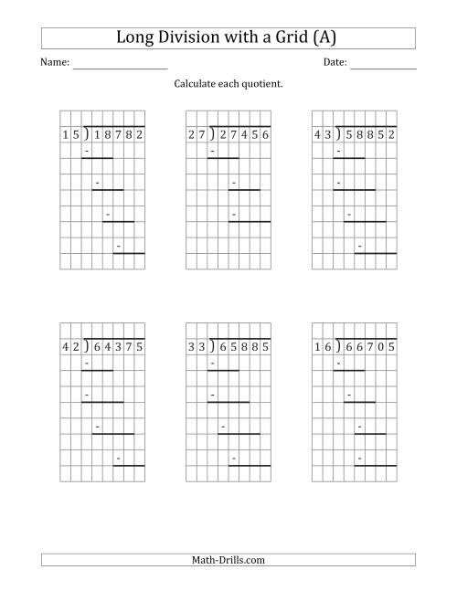The 5-Digit by 2-Digit Long Division with Remainders with Grid Assistance and Prompts (All) Math Worksheet