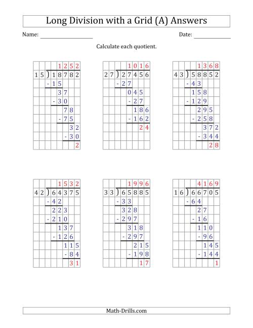 The 5-Digit by 2-Digit Long Division with Remainders with Grid Assistance and Prompts (All) Math Worksheet Page 2