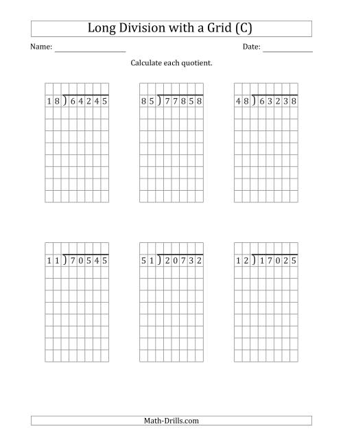 The 5-Digit by 2-Digit Long Division with Remainders with Grid Assistance (C) Math Worksheet