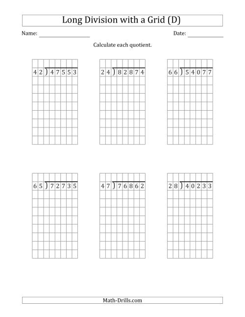 The 5-Digit by 2-Digit Long Division with Remainders with Grid Assistance (D) Math Worksheet