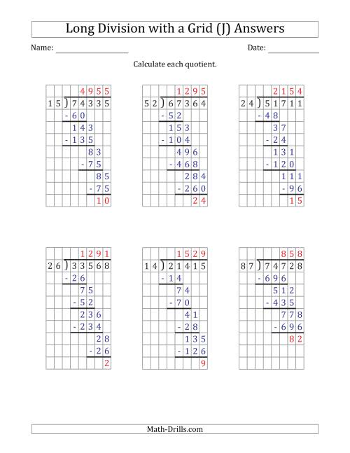 The 5-Digit by 2-Digit Long Division with Remainders with Grid Assistance (J) Math Worksheet Page 2