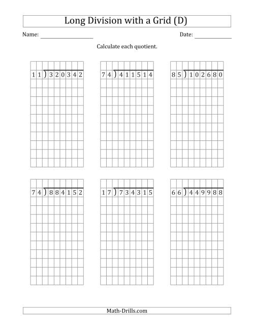 The 6-Digit by 2-Digit Long Division with Grid Assistance and NO Remainders (D) Math Worksheet