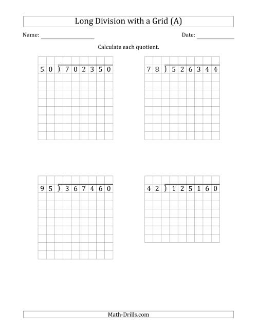 The 6-Digit by 2-Digit Long Division with Grid Assistance and NO Remainders (Old) Math Worksheet