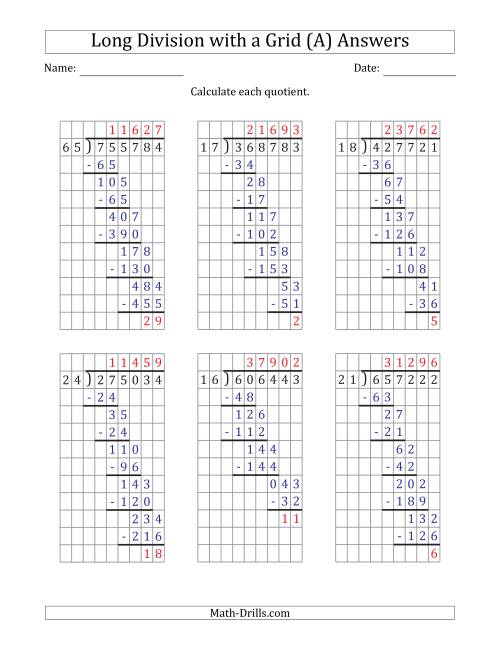 6 digit by 2 digit long division with remainders with grid assistance