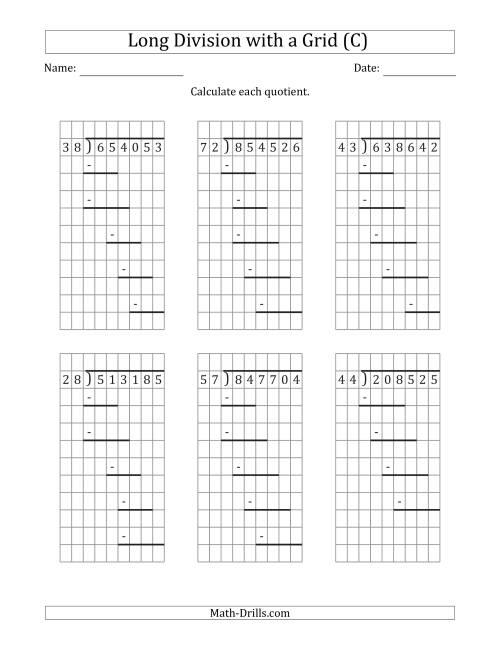 The 6-Digit by 2-Digit Long Division with Remainders with Grid Assistance and Prompts (C) Math Worksheet