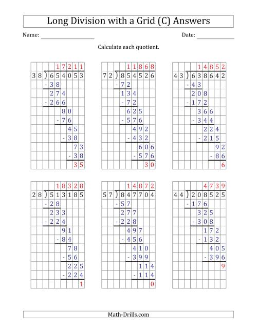 The 6-Digit by 2-Digit Long Division with Remainders with Grid Assistance and Prompts (C) Math Worksheet Page 2