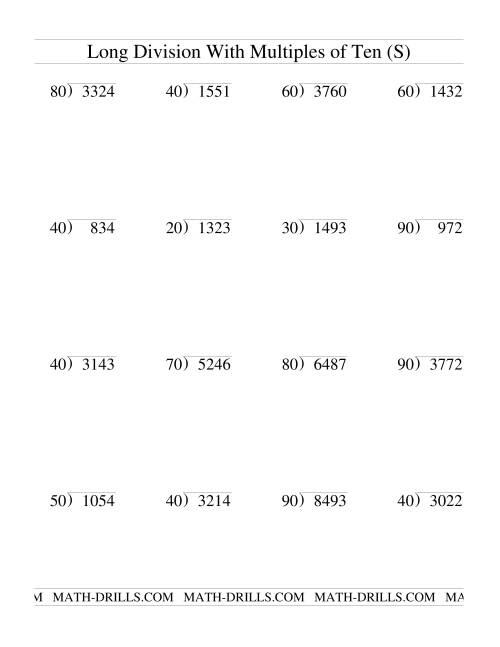 The Long Division with Multiples of 10 -- Two-Digit Quotient (S) Math Worksheet