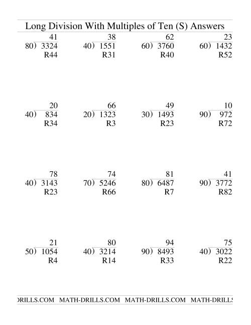 The Long Division with Multiples of 10 -- Two-Digit Quotient (S) Math Worksheet Page 2