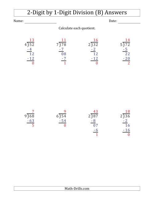 2 digit by 1 digit long division with remainders and steps shown on