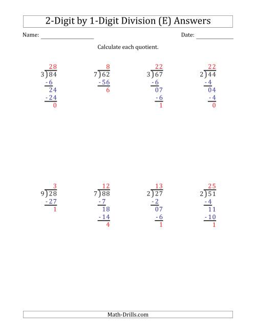 2 digit by 1 digit long division with remainders and steps shown on