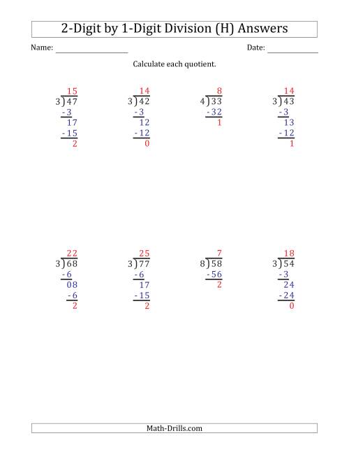 2 digit by 1 digit long division with remainders and steps shown on