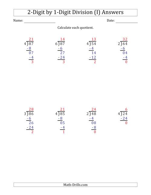 2 digit by 1 digit long division with remainders and steps shown on