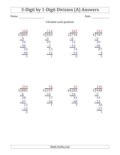3-Digit By 1-Digit Long Division With Remainders And Steps Shown On Answer Key (A)