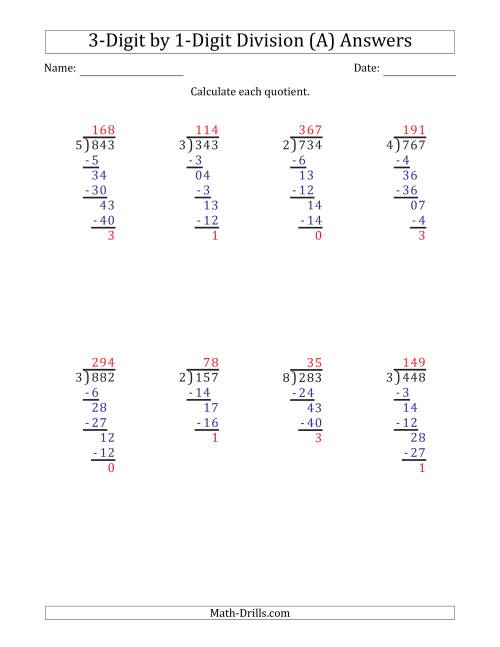 3 Digit By 1 Digit Long Division With Remainders And Steps Shown On 