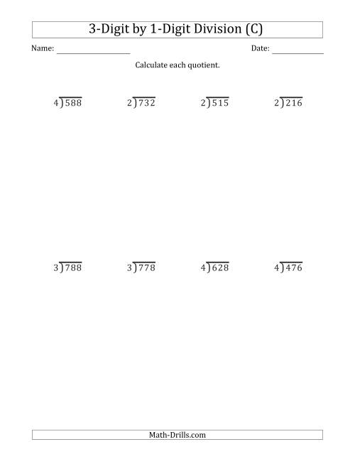 The 3-Digit by 1-Digit Long Division with Remainders and Steps Shown on Answer Key (C) Math Worksheet